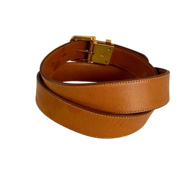Vintage PIERRE CARDIN Tan Leather Gold Logo Buckle Unisex Belt Size 30 main image 4